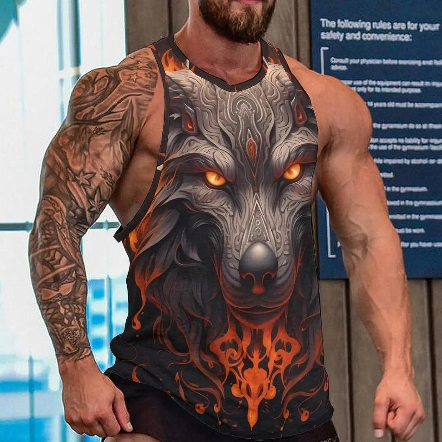 MARSVOVO Mens Tank Top Wolf Muscle Summer Casual Western Ethnic Totem Print Tank for Men Summer Beach Quick Dry Gym Vest