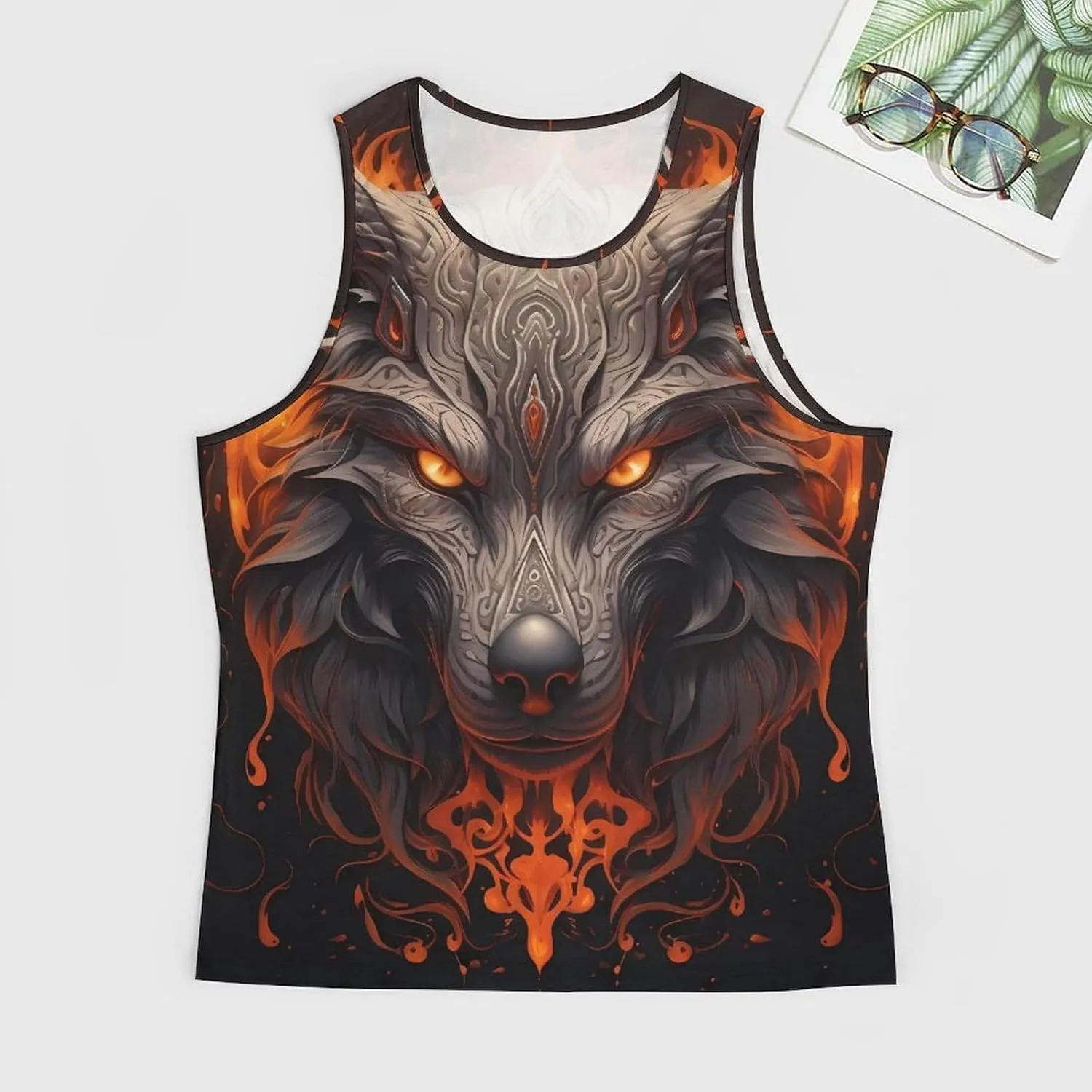 MARSVOVO Mens Tank Top Wolf Muscle Summer Casual Western Ethnic Totem Print Tank for Men Summer Beach Quick Dry Gym Vest