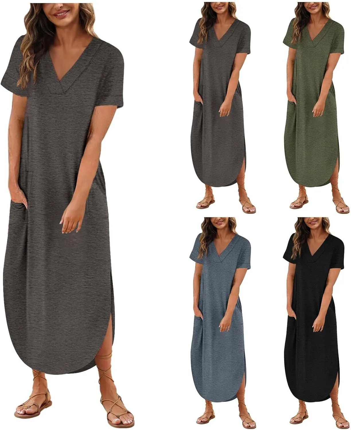 Maxi Dress for Women Short Sleeve Split Long Tshirt Dress Casual Summer Loose V Neck Sundress with Pockets