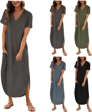 Maxi Dress for Women Short Sleeve Split Long Tshirt Dress Casual Summer Loose V Neck Sundress with Pockets