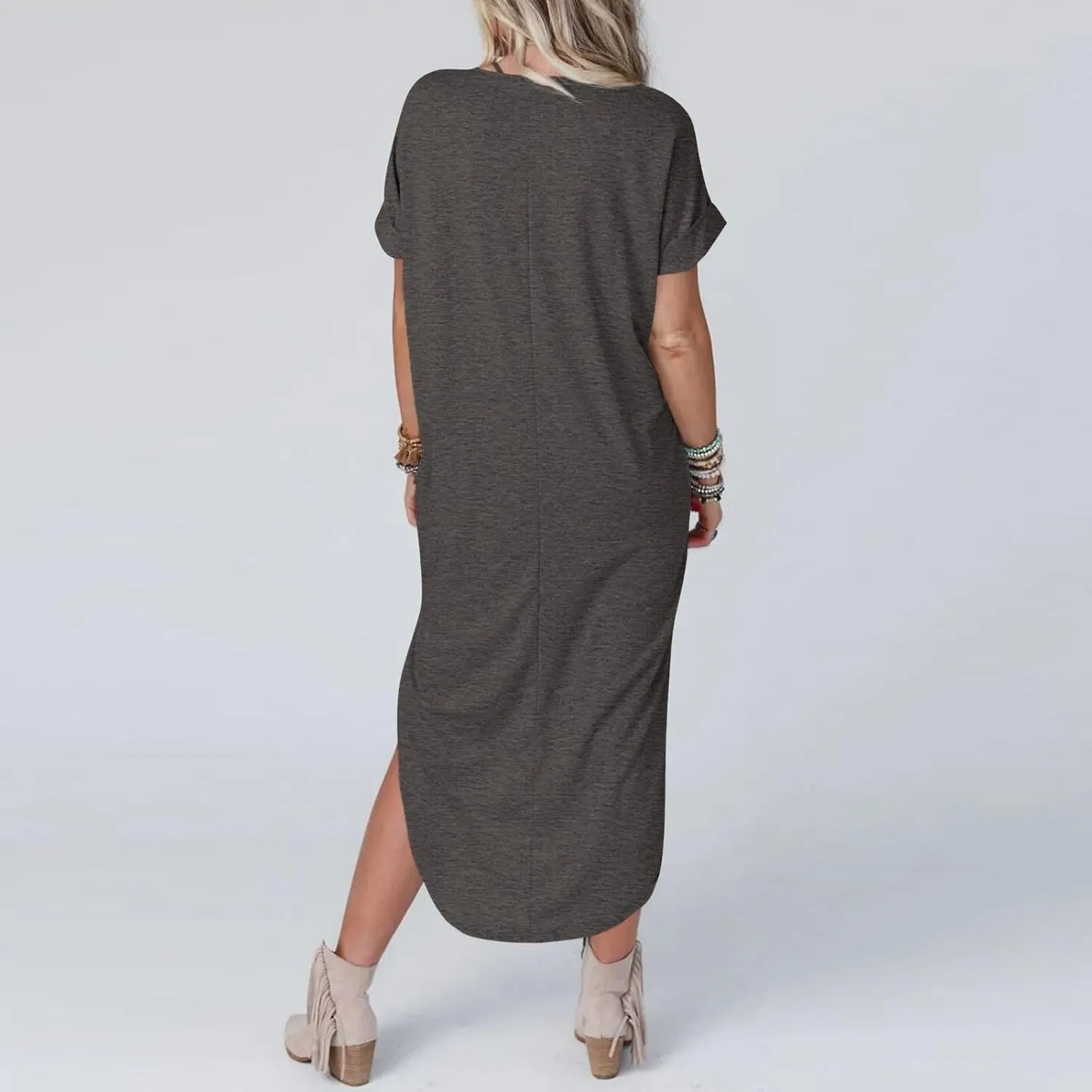 Maxi Dress for Women Short Sleeve Split Long Tshirt Dress Casual Summer Loose V Neck Sundress with Pockets