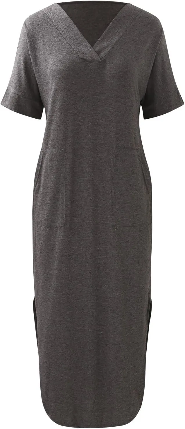 Maxi Dress for Women Short Sleeve Split Long Tshirt Dress Casual Summer Loose V Neck Sundress with Pockets