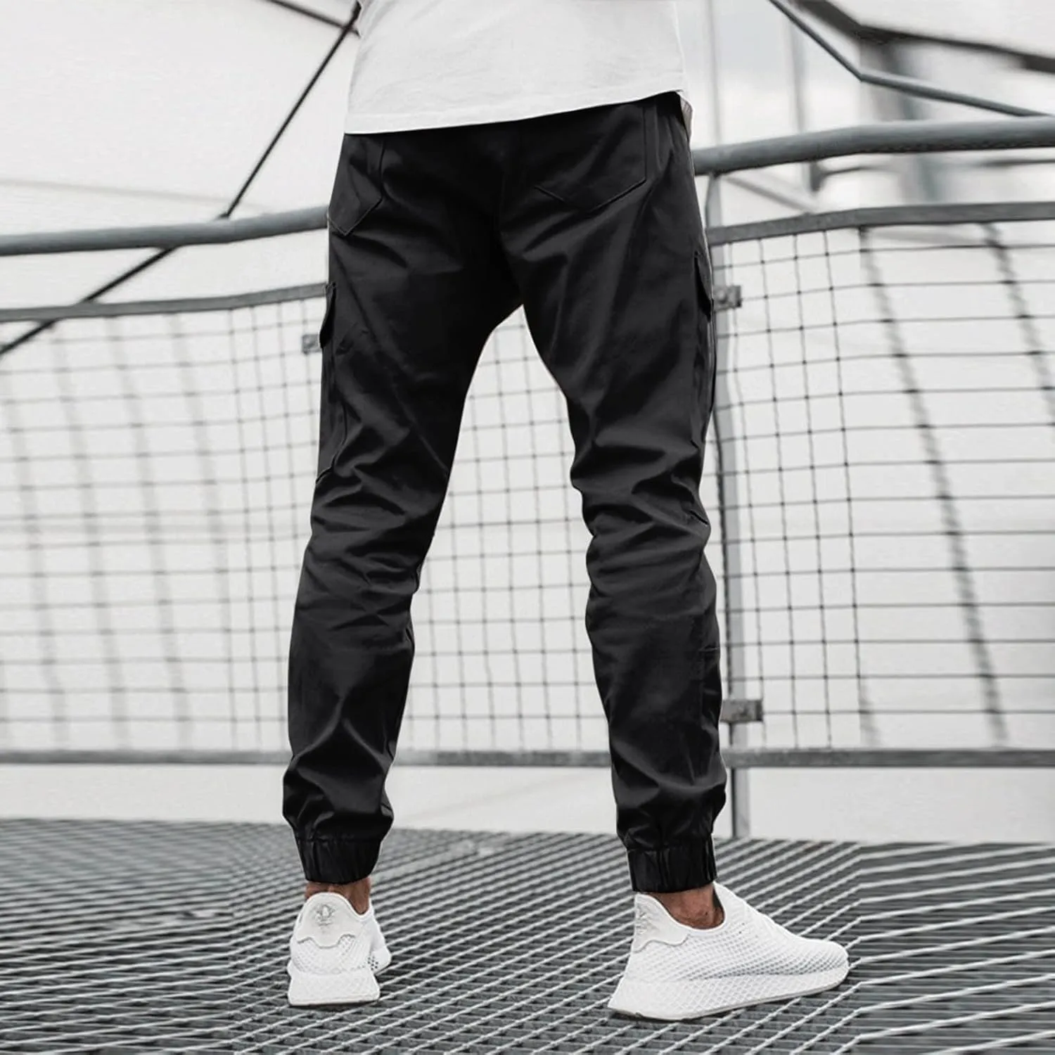 Mens Cargo Pants Lightweight Elastic Waist Casual Sweatpants Slim Fit Joggers Athletic Side Zipper Pockets Trousers