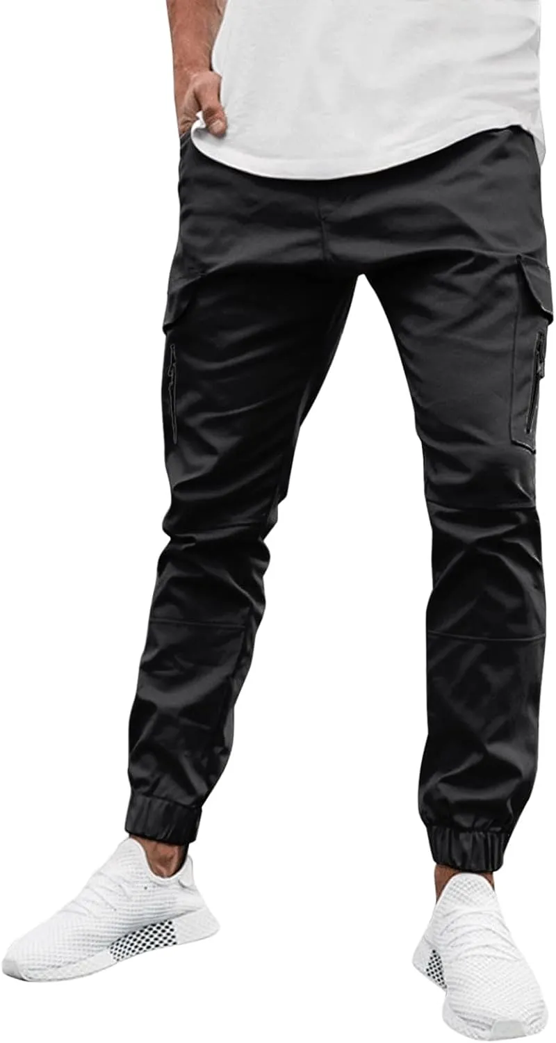 Mens Cargo Pants Lightweight Elastic Waist Casual Sweatpants Slim Fit Joggers Athletic Side Zipper Pockets Trousers