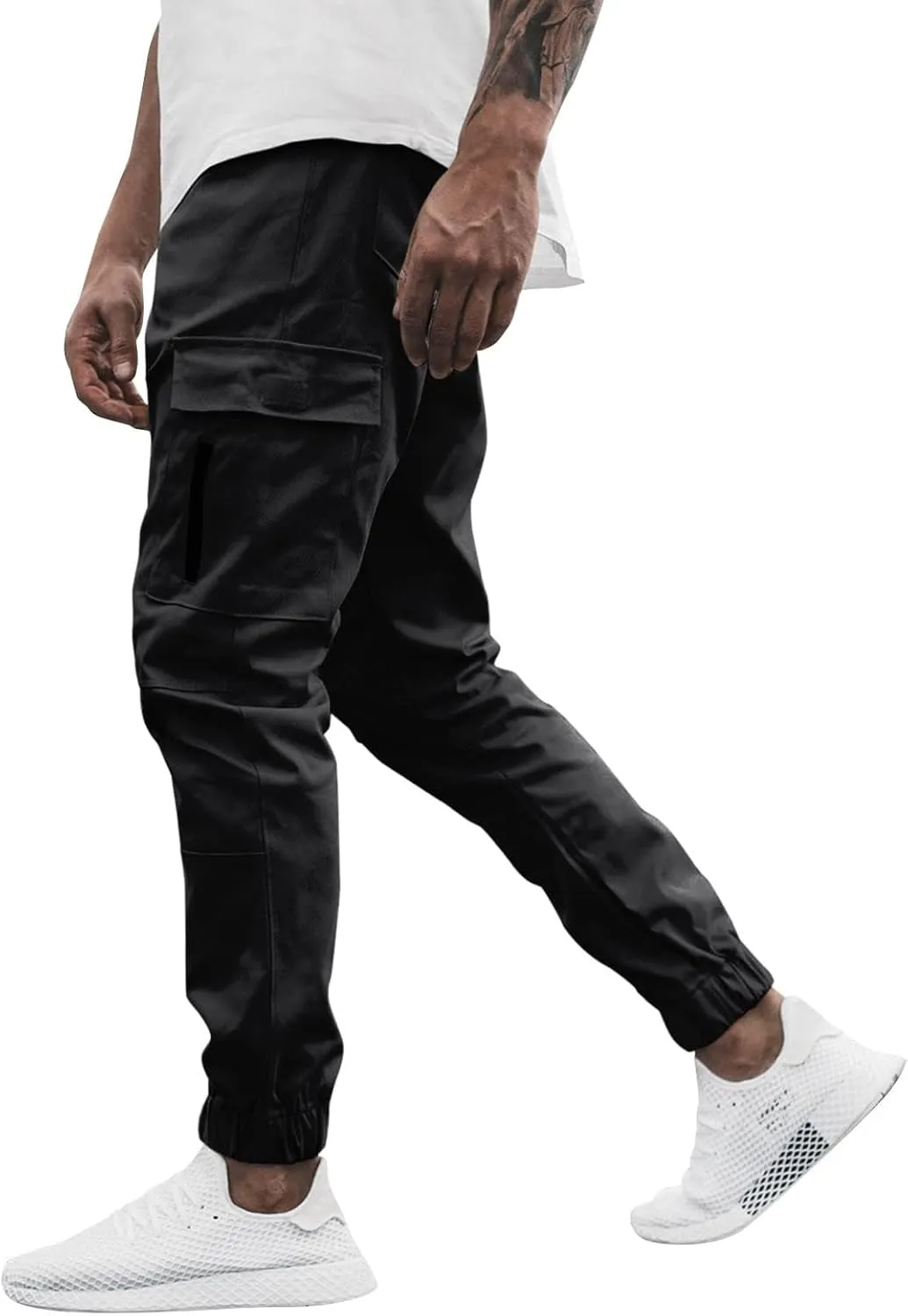 Mens Cargo Pants Lightweight Elastic Waist Casual Sweatpants Slim Fit Joggers Athletic Side Zipper Pockets Trousers