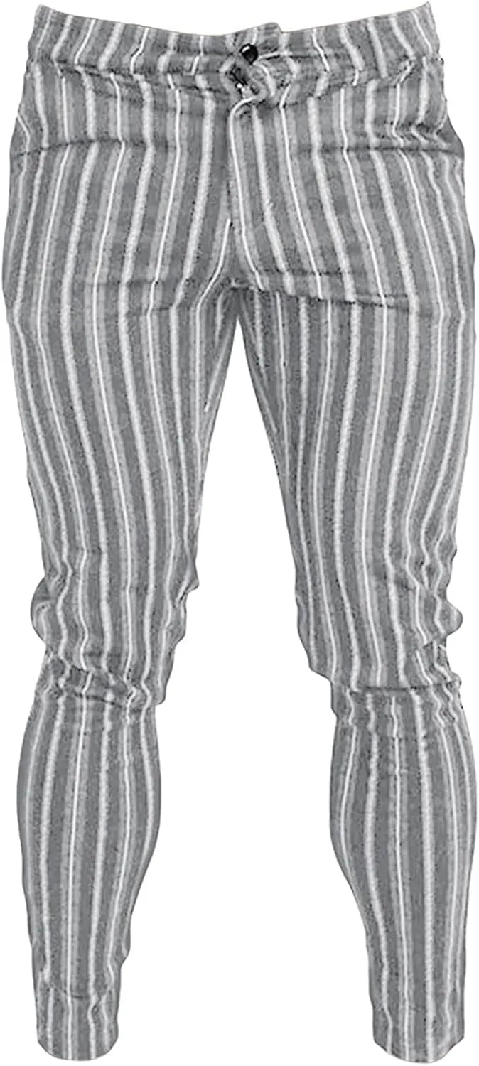 Men's Dress Striped Pants Slim Fit Flat Front Business Trousers Plaid Skinny Stretch Chino Pants Dress Pants