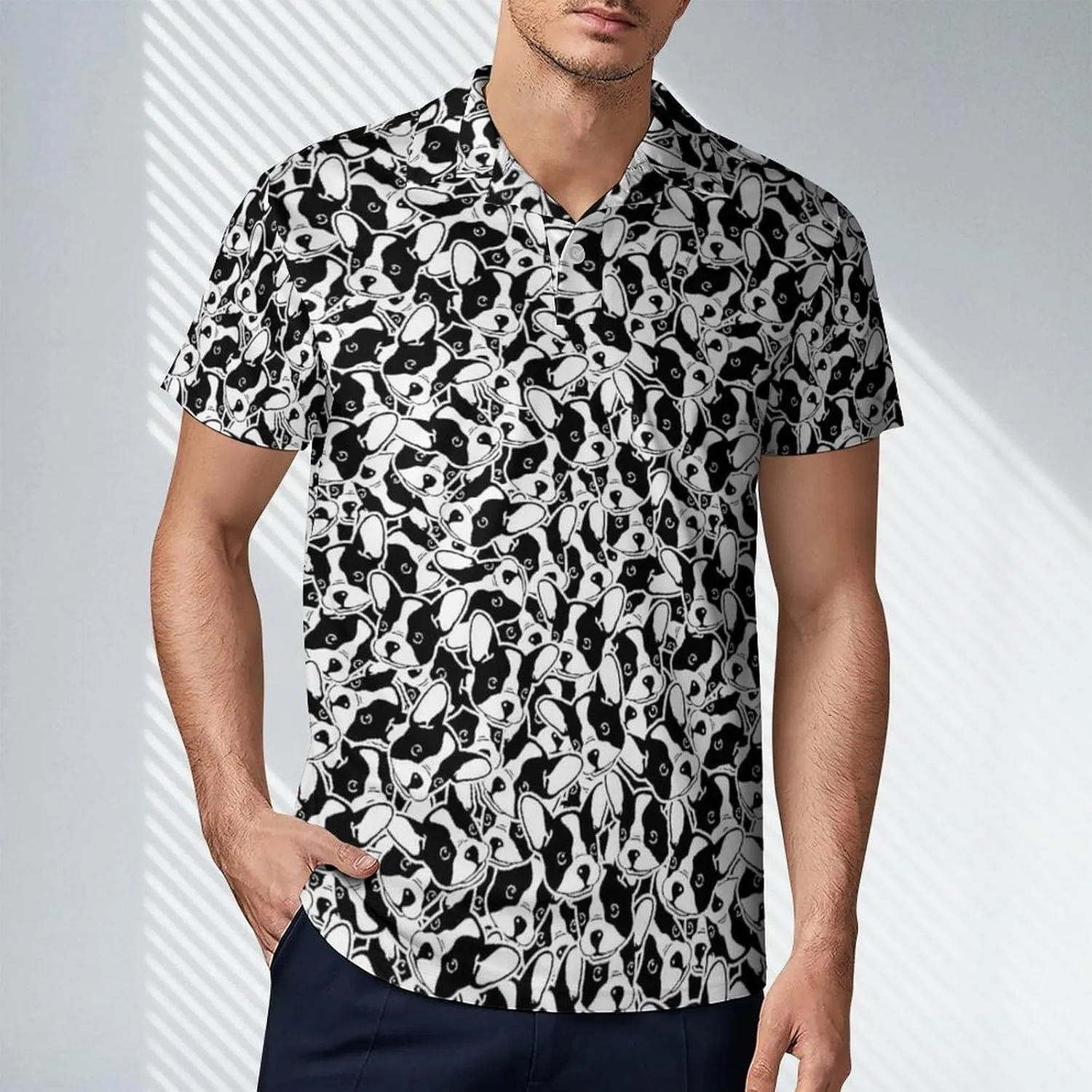 Men's French Bulldog Head Polo Shirts Short Sleeve Cool Golf Shirt Quick-Dry Activewear Polos