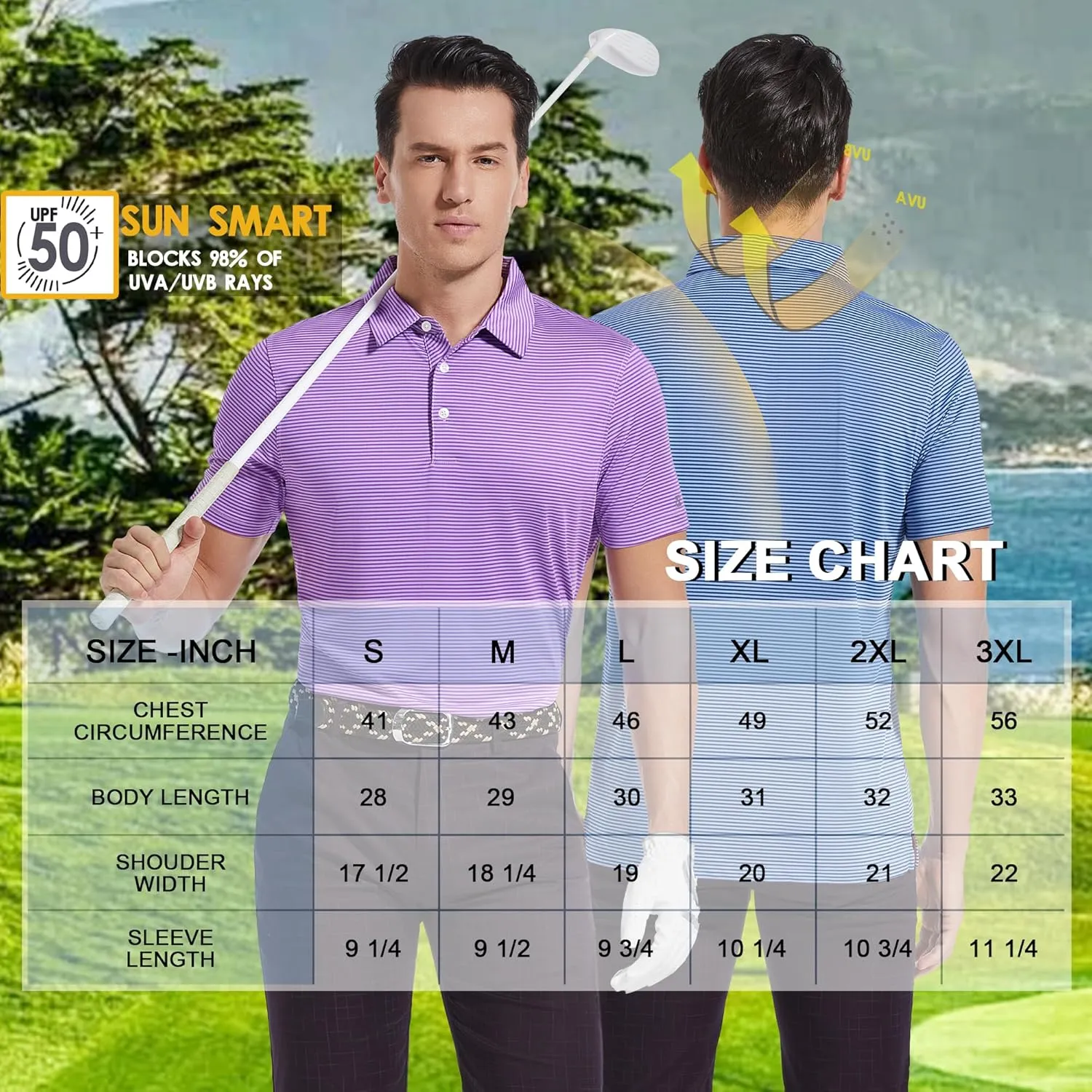 Mens Golf Polo Shirt Moisture Wicking Dry Fit Performance Athletic Short Sleeve Striped Golf Shirts for Men