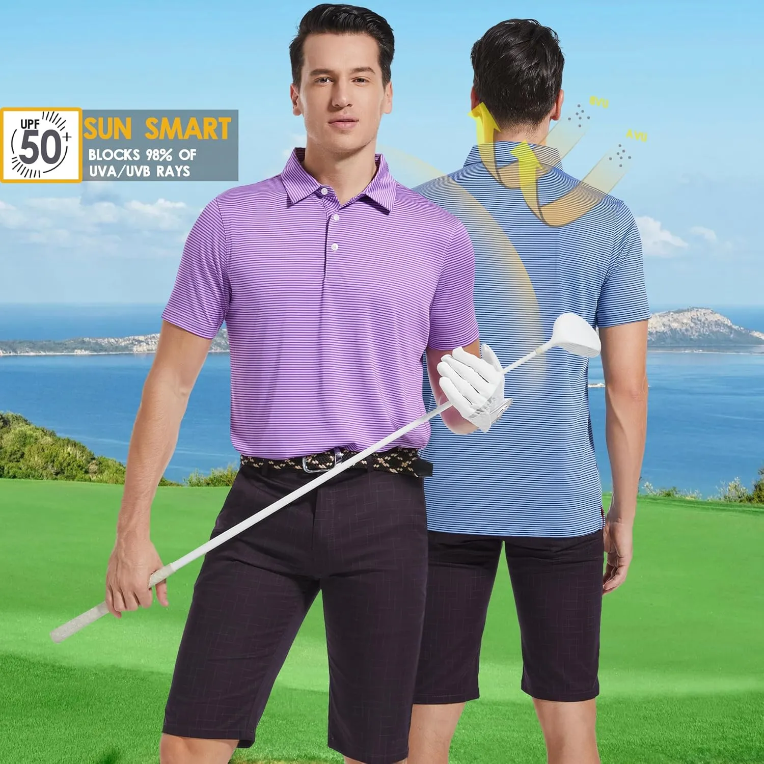 Mens Golf Polo Shirt Moisture Wicking Dry Fit Performance Athletic Short Sleeve Striped Golf Shirts for Men
