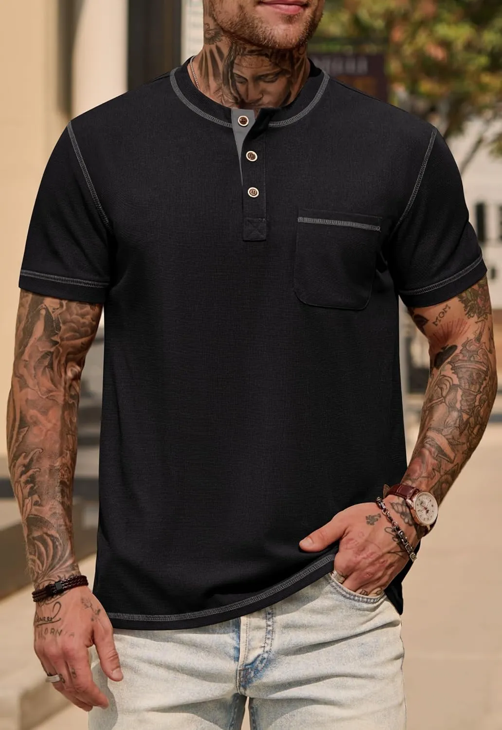 Mens Henley Shirts Casual Stretch Summer Lightweigh Waffle Short Sleeve T-Shirt with Pocket (S-XXL)