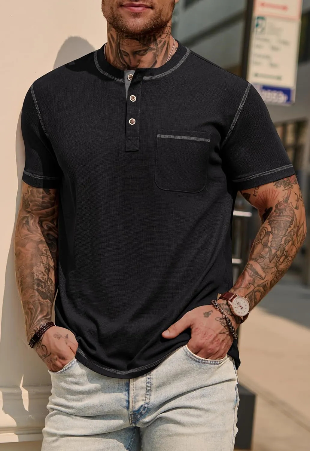 Mens Henley Shirts Casual Stretch Summer Lightweigh Waffle Short Sleeve T-Shirt with Pocket (S-XXL)