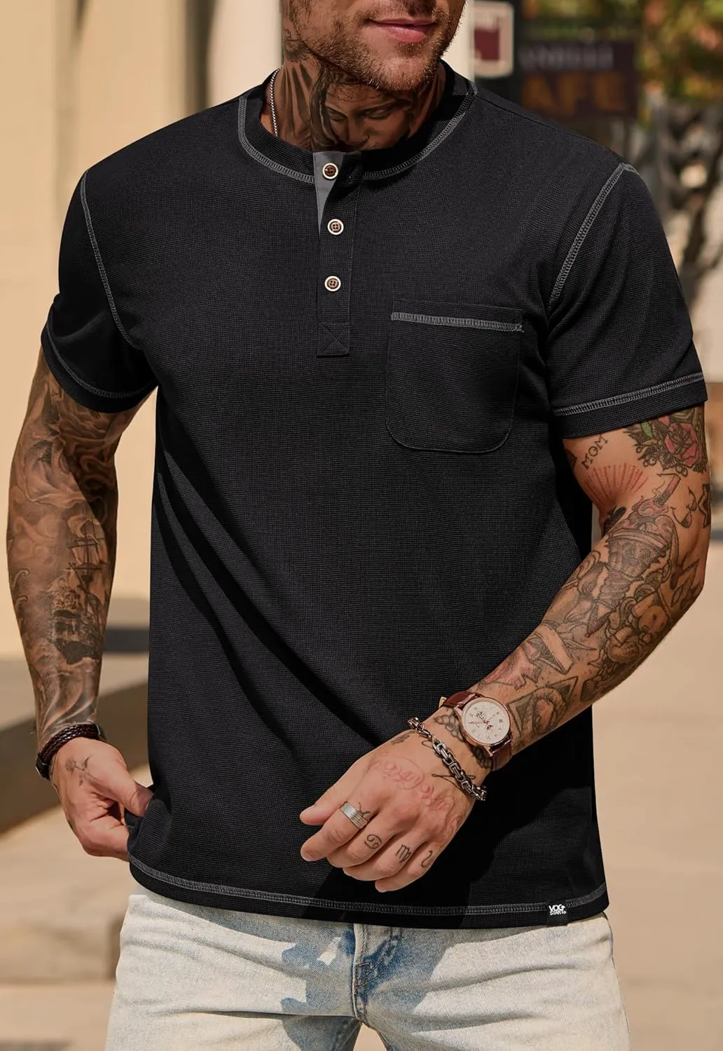 Mens Henley Shirts Casual Stretch Summer Lightweigh Waffle Short Sleeve T-Shirt with Pocket (S-XXL)