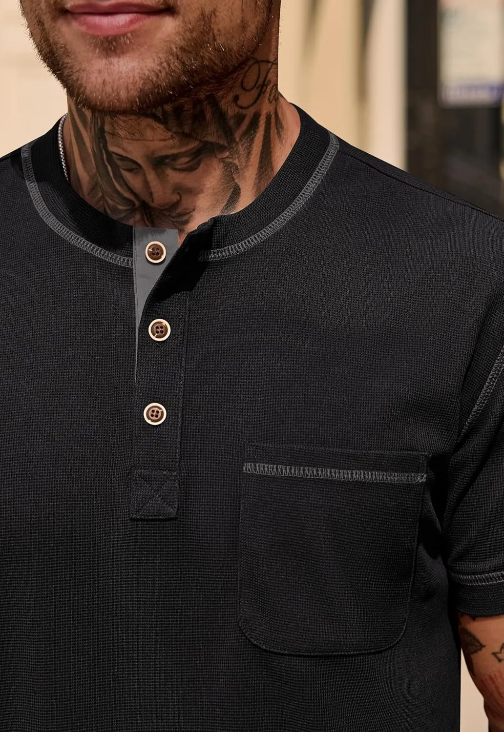 Mens Henley Shirts Casual Stretch Summer Lightweigh Waffle Short Sleeve T-Shirt with Pocket (S-XXL)