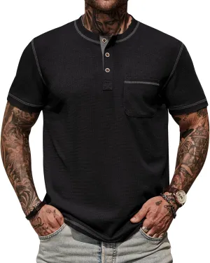 Mens Henley Shirts Casual Stretch Summer Lightweigh Waffle Short Sleeve T-Shirt with Pocket (S-XXL)