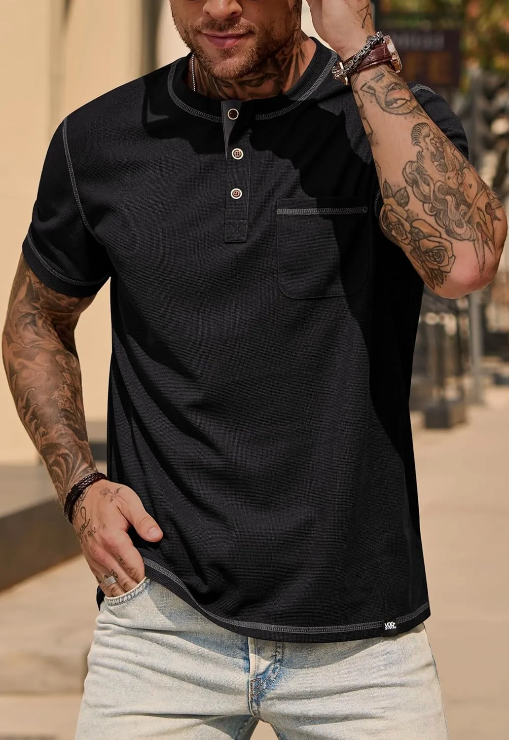 Mens Henley Shirts Casual Stretch Summer Lightweigh Waffle Short Sleeve T-Shirt with Pocket (S-XXL)