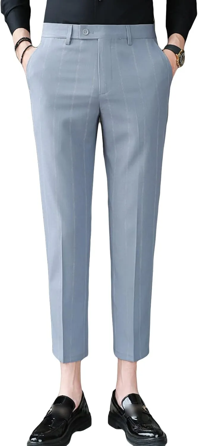 Men'S Slim Fit Dress Pants Chinos Plaid Striped Stretch Pant Flat-Front Skinny Business Pencil Long Pants (30,Grey), Grey, 30