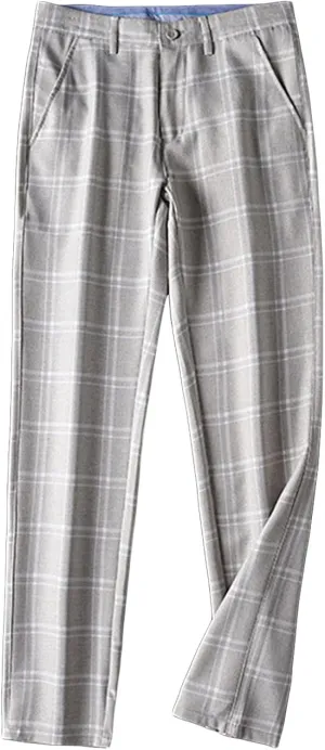Men's Slim-Fit Flat-Front Dress Pant Straight Fit Plaid Stretch Skinny Casual Business Dress Chinos Pants (34,Green)