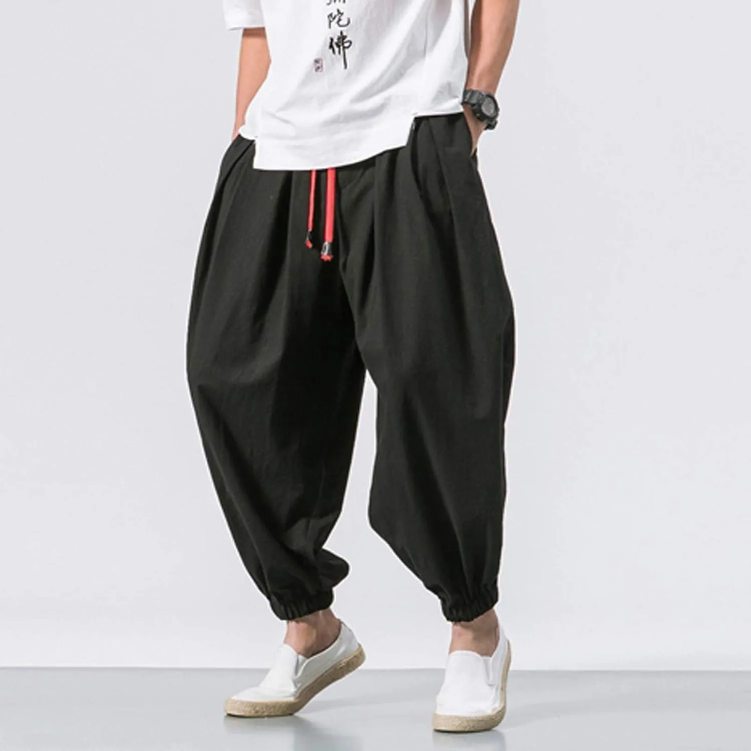 Men's Solid Color Drawstring Elastic Waist Ninth Pants Cotton Linen Sector Pant Leg Pants Retro Loose Stitching Trousers