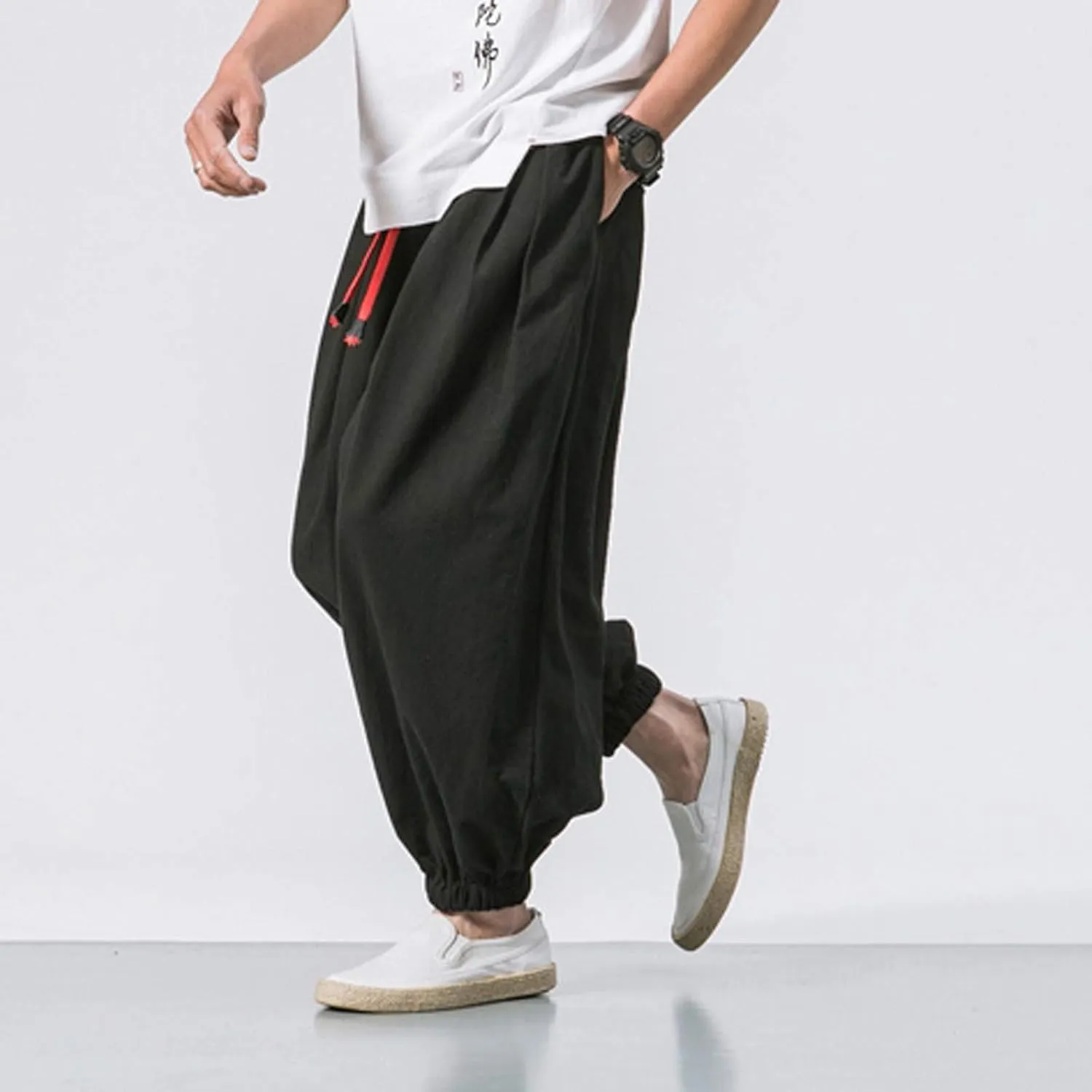 Men's Solid Color Drawstring Elastic Waist Ninth Pants Cotton Linen Sector Pant Leg Pants Retro Loose Stitching Trousers