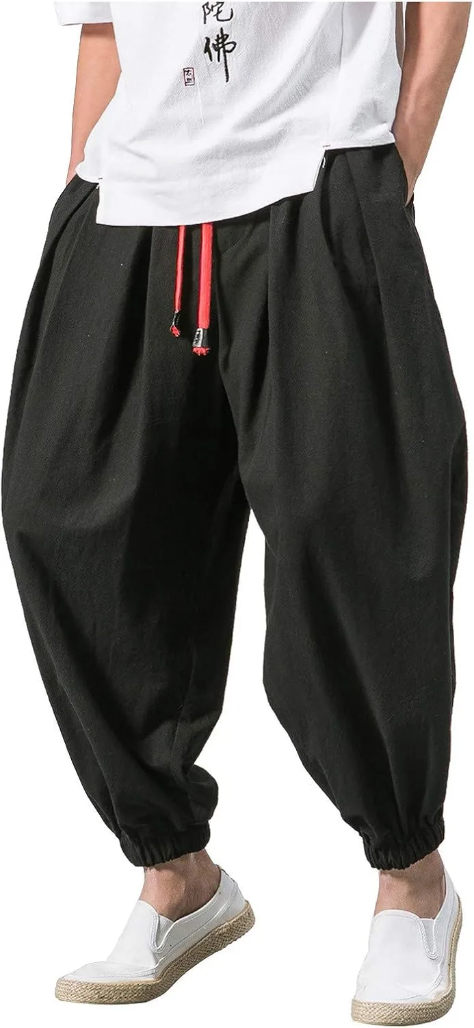 Men's Solid Color Drawstring Elastic Waist Ninth Pants Cotton Linen Sector Pant Leg Pants Retro Loose Stitching Trousers