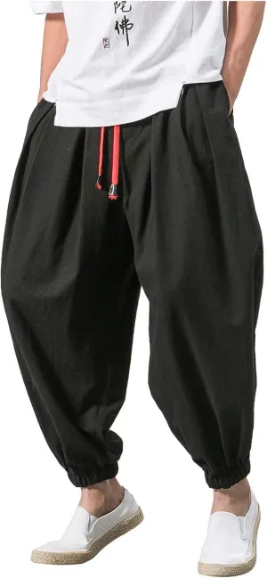 Men's Solid Color Drawstring Elastic Waist Ninth Pants Cotton Linen Sector Pant Leg Pants Retro Loose Stitching Trousers