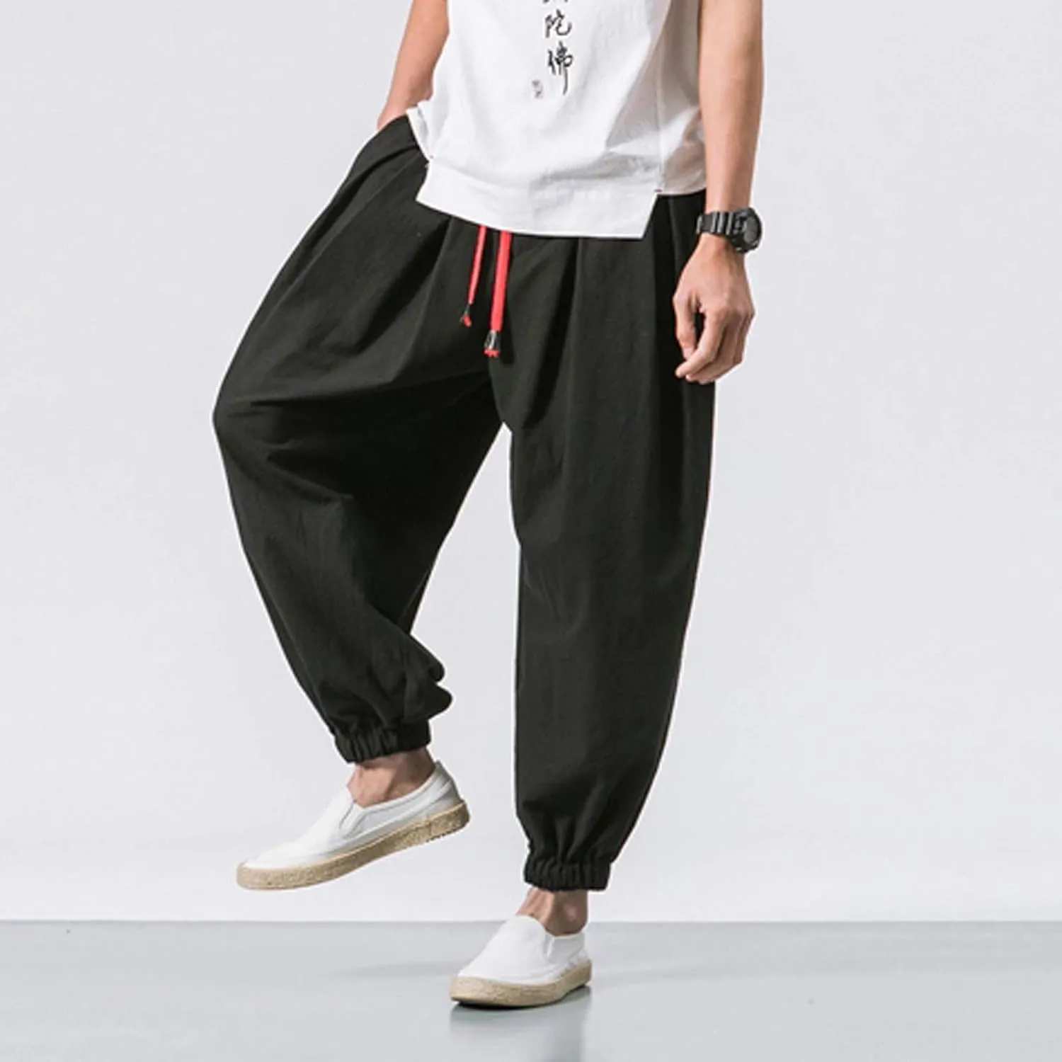 Men's Solid Color Drawstring Elastic Waist Ninth Pants Cotton Linen Sector Pant Leg Pants Retro Loose Stitching Trousers