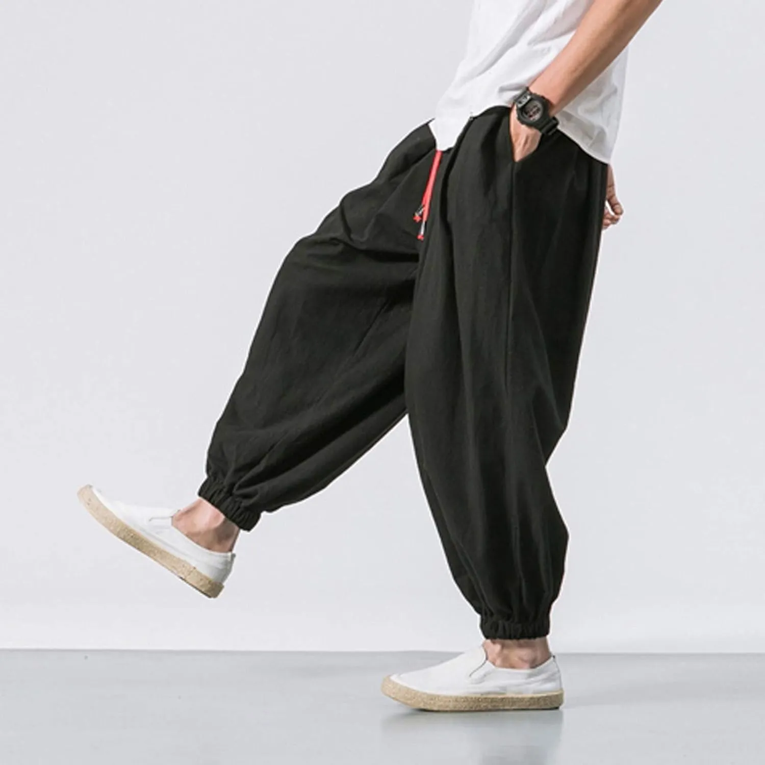 Men's Solid Color Drawstring Elastic Waist Ninth Pants Cotton Linen Sector Pant Leg Pants Retro Loose Stitching Trousers