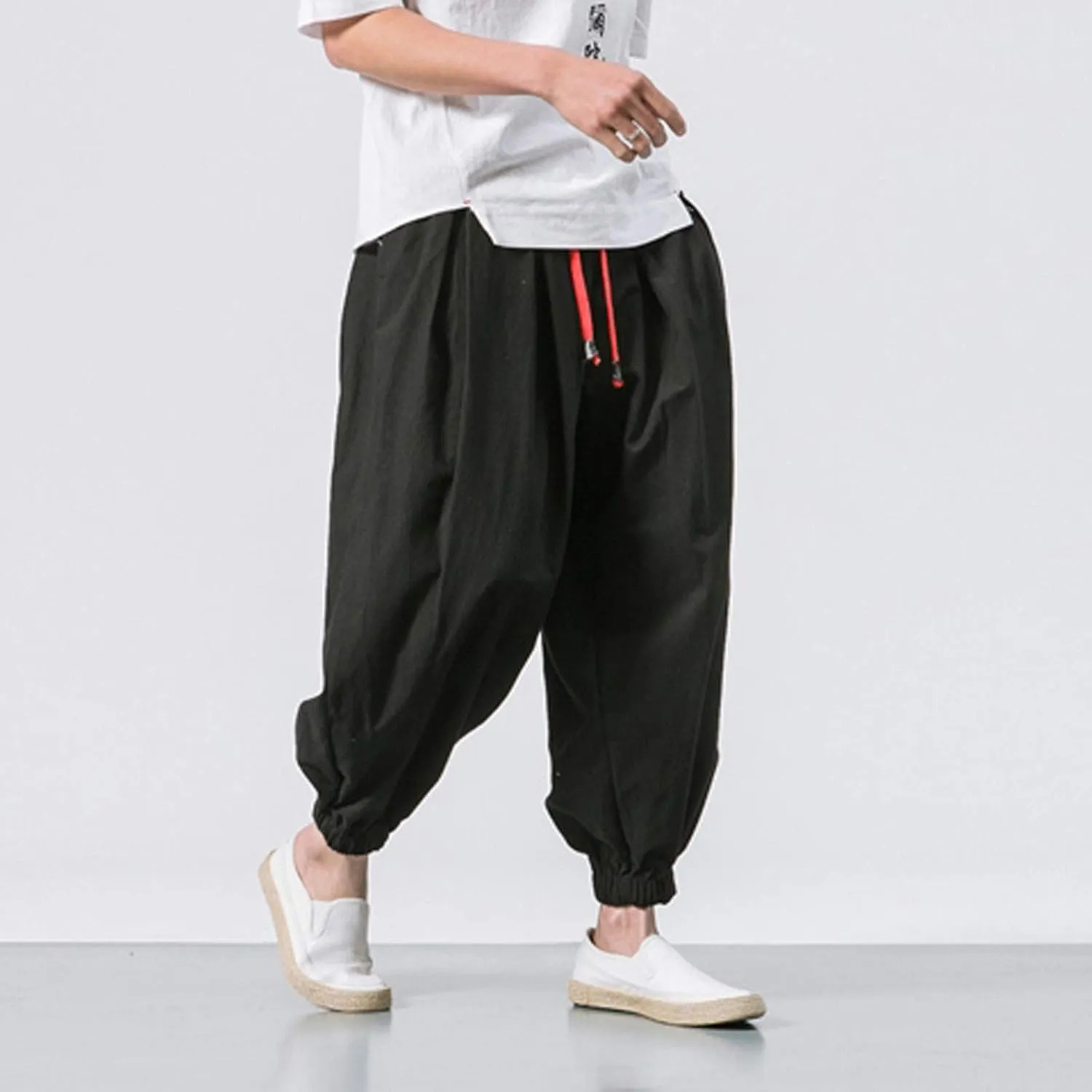 Men's Solid Color Drawstring Elastic Waist Ninth Pants Cotton Linen Sector Pant Leg Pants Retro Loose Stitching Trousers