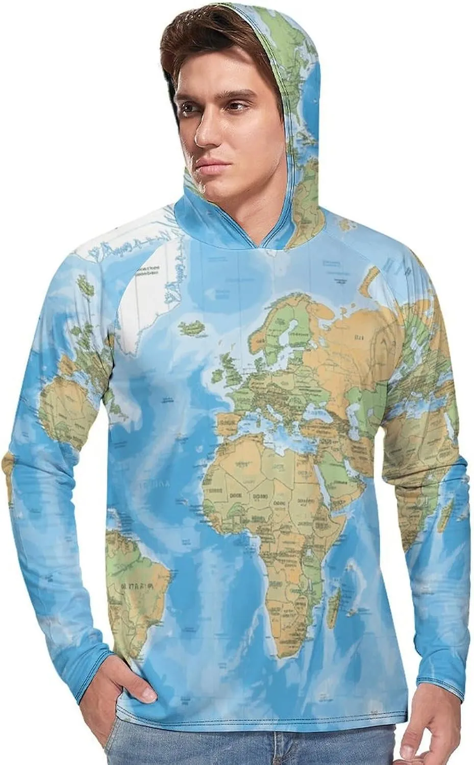 Men's UPF 50  Sun Protection Hoodie Outdoor UV Shirts World Map Long Sleeve Quick Dry Fishing Hiking Shirt