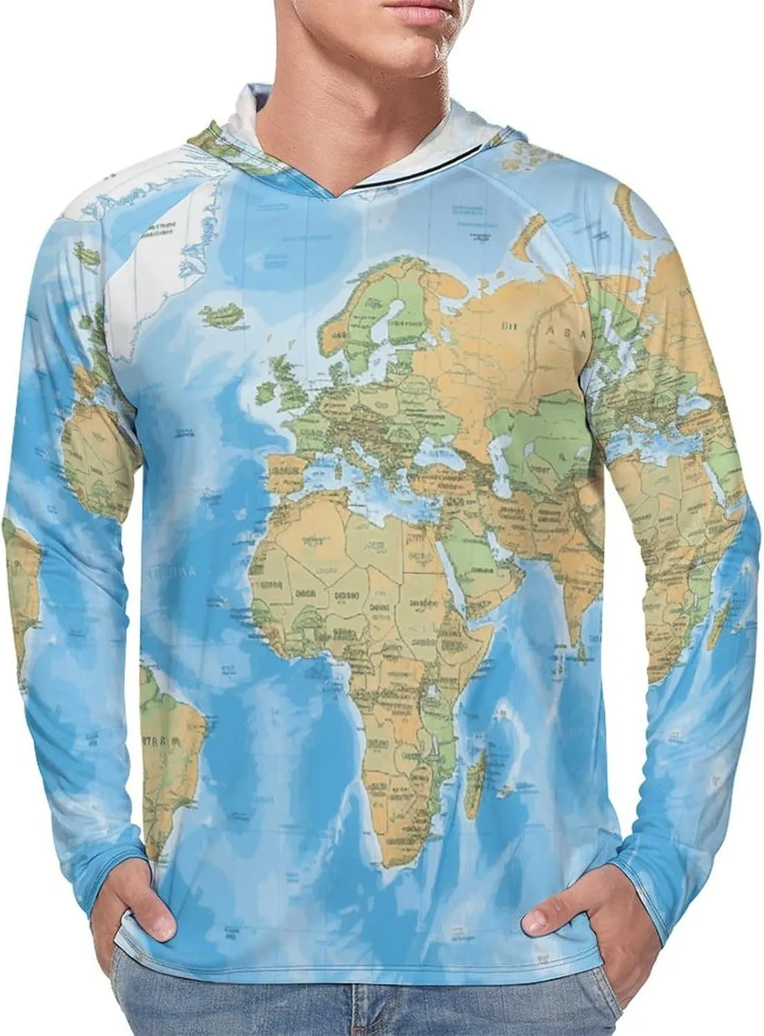 Men's UPF 50  Sun Protection Hoodie Outdoor UV Shirts World Map Long Sleeve Quick Dry Fishing Hiking Shirt