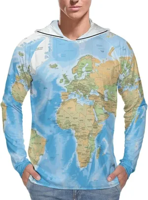 Men's UPF 50  Sun Protection Hoodie Outdoor UV Shirts World Map Long Sleeve Quick Dry Fishing Hiking Shirt