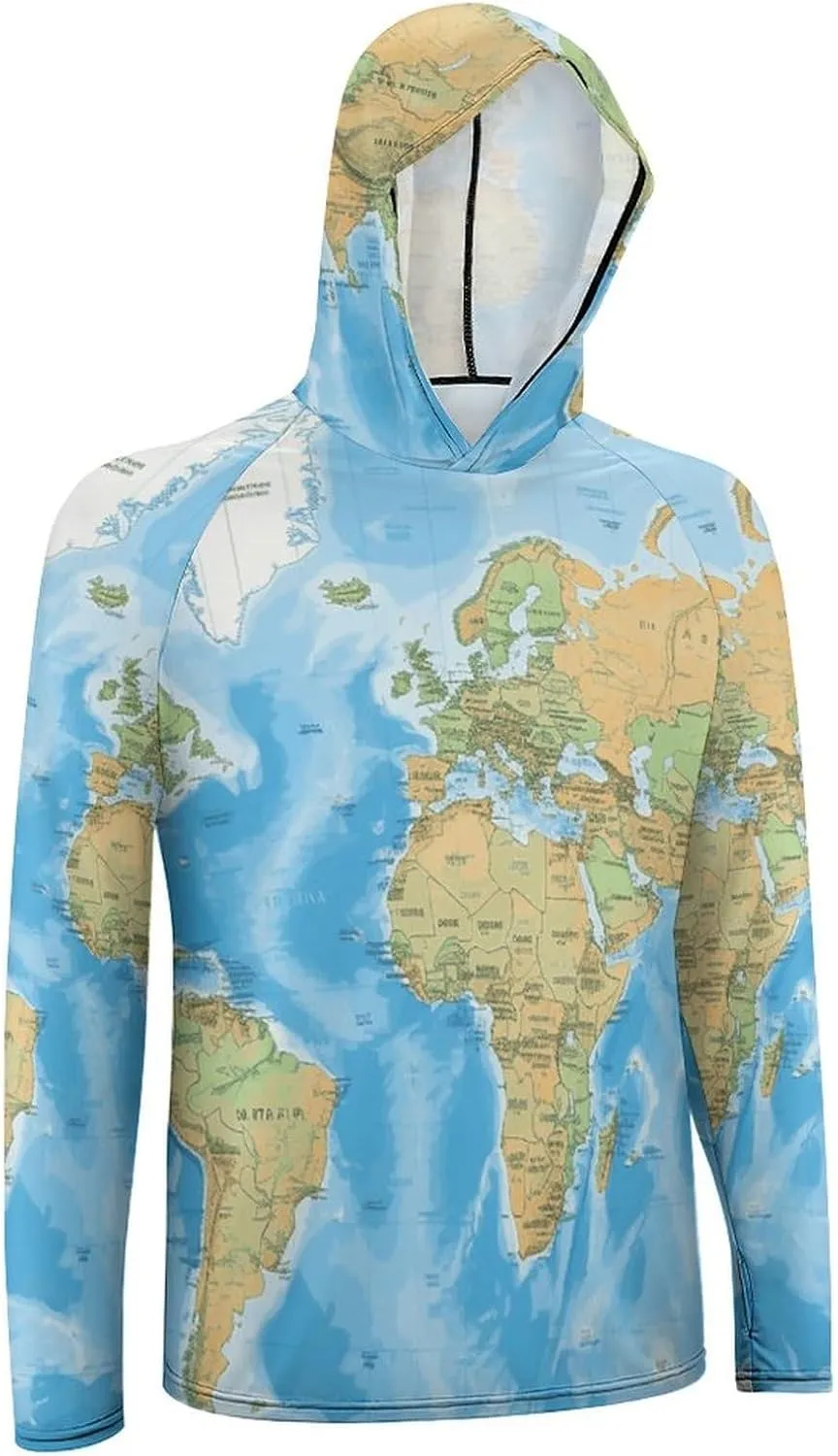 Men's UPF 50  Sun Protection Hoodie Outdoor UV Shirts World Map Long Sleeve Quick Dry Fishing Hiking Shirt