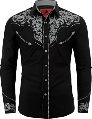 Men's Western Cowboy Shirt Embroidered Exquisite Long Sleeve Regular Fit Snap Button Down Shirts