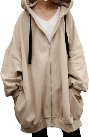 micidad Women's Oversized Hoodies Casual Long Sleeve Zip Up Hoodie Sweatshirt Fall Loose Jacket Hooded Coat