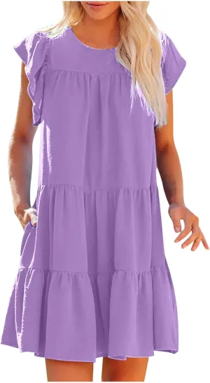 Mini Summer Dresses for Women 2025 Casual Dress Flutter Sleeve Dresses Beach Sun Dress with Pockets Ruffle Dresses