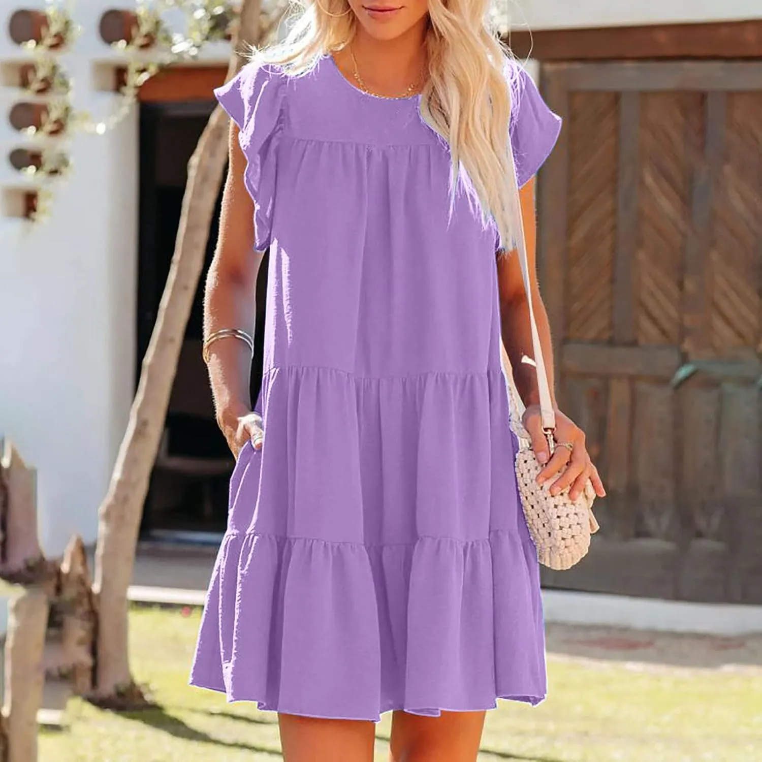 Mini Summer Dresses for Women 2025 Casual Dress Flutter Sleeve Dresses Beach Sun Dress with Pockets Ruffle Dresses