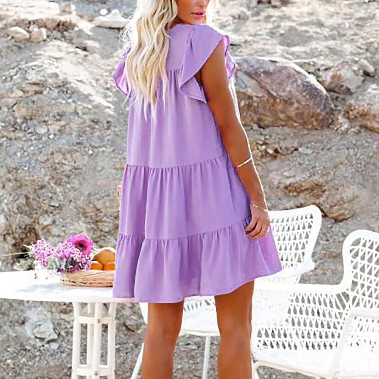 Mini Summer Dresses for Women 2025 Casual Dress Flutter Sleeve Dresses Beach Sun Dress with Pockets Ruffle Dresses