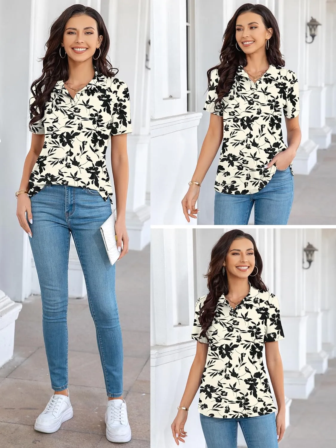 MK Shop Limited Polo Shirts for Women Business Casual Work Lapel Collared Tops V Neck Summer Golf Polos Tunic Blouse