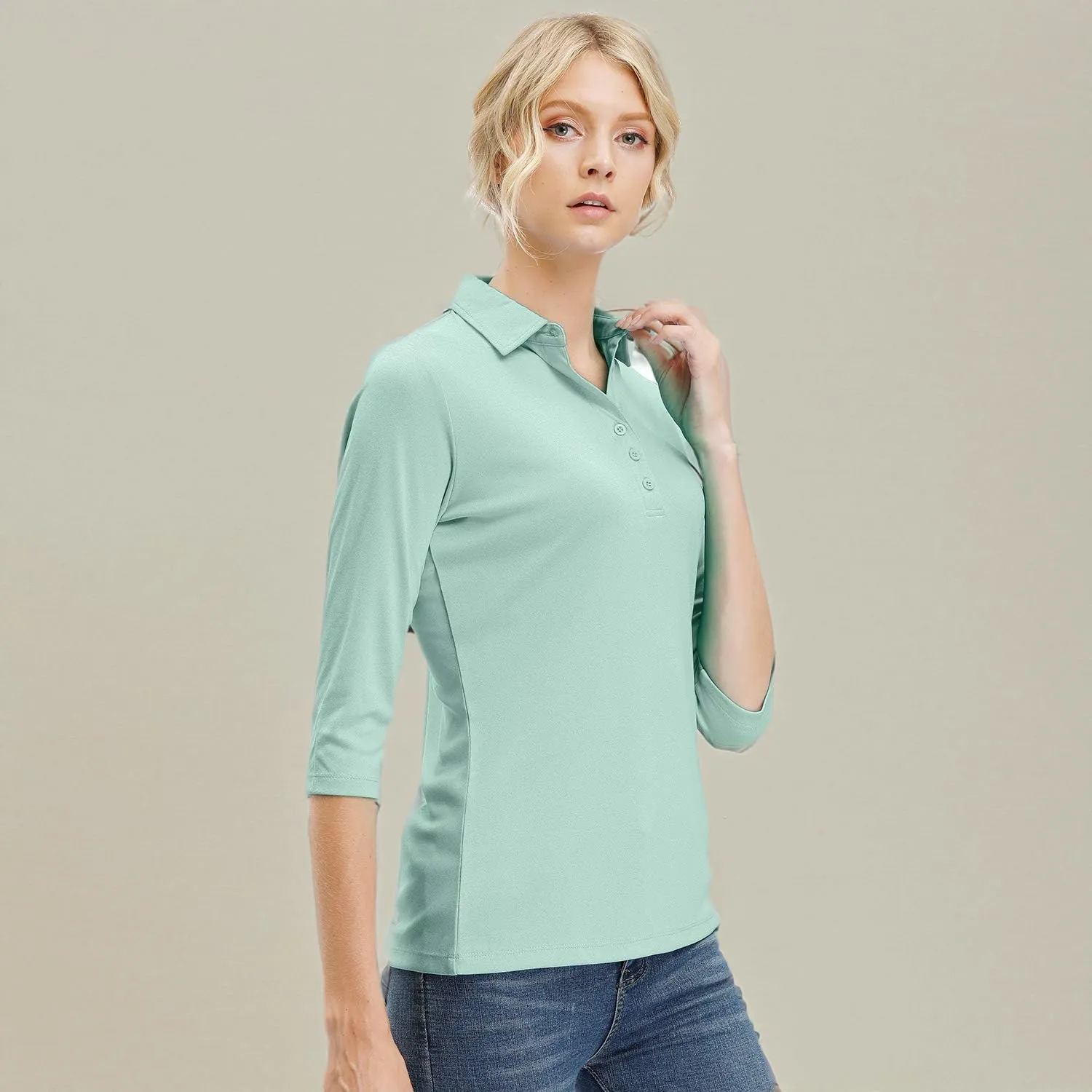 MOHEEN Women's Polo Shirt UPF 50  Quick Dry Moisture Wicking 3/4 Sleeve Golf Sun Shirts Athletic Casual Work S-2XL