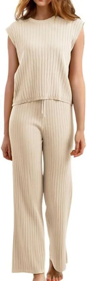 Molilove 2 Piece Knit Lounge Sets Women Sweatsuit Sleeveless Pullover Tops Drawstring Wide Leg Pants Fashion Pajamas Sets