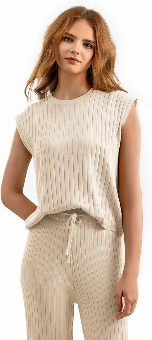 Molilove 2 Piece Knit Lounge Sets Women Sweatsuit Sleeveless Pullover Tops Drawstring Wide Leg Pants Fashion Pajamas Sets