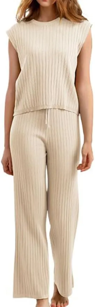 Molilove 2 Piece Knit Lounge Sets Women Sweatsuit Sleeveless Pullover Tops Drawstring Wide Leg Pants Fashion Pajamas Sets