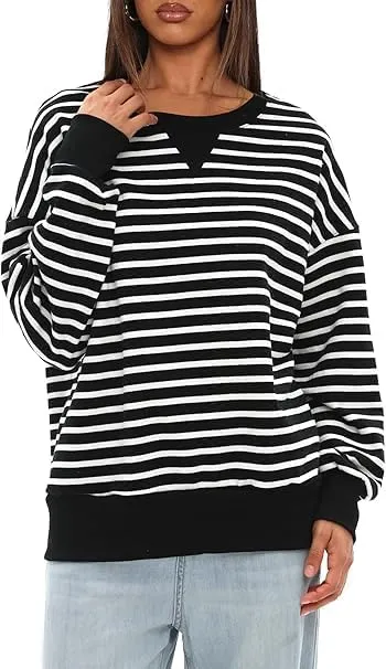Mulisky Sweatshirt for Women, Oversized Crewneck Striped Long Sleeve Shirts Casual Pullover Top