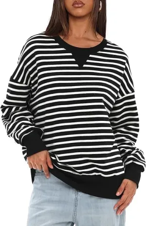 Mulisky Sweatshirt for Women, Oversized Crewneck Striped Long Sleeve Shirts Casual Pullover Top