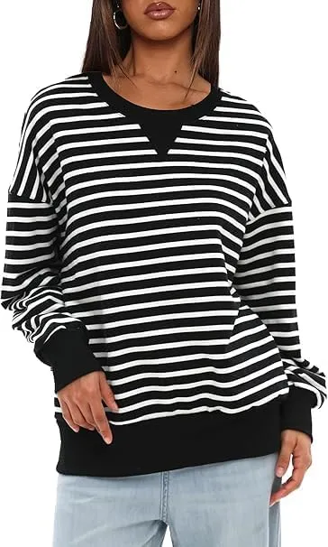 Mulisky Sweatshirt for Women, Oversized Crewneck Striped Long Sleeve Shirts Casual Pullover Top