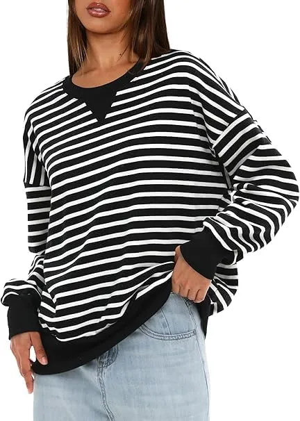 Mulisky Sweatshirt for Women, Oversized Crewneck Striped Long Sleeve Shirts Casual Pullover Top