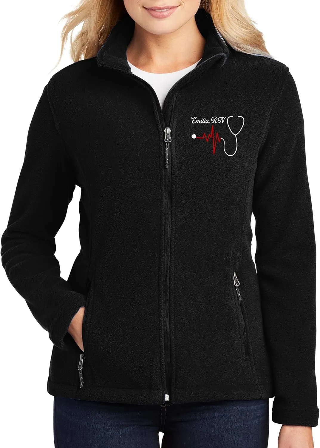 NACRE APPAREL Custom Embroidered Midweight Fleece Jacket for Men & Women Personalized Stethescope Print Jacket