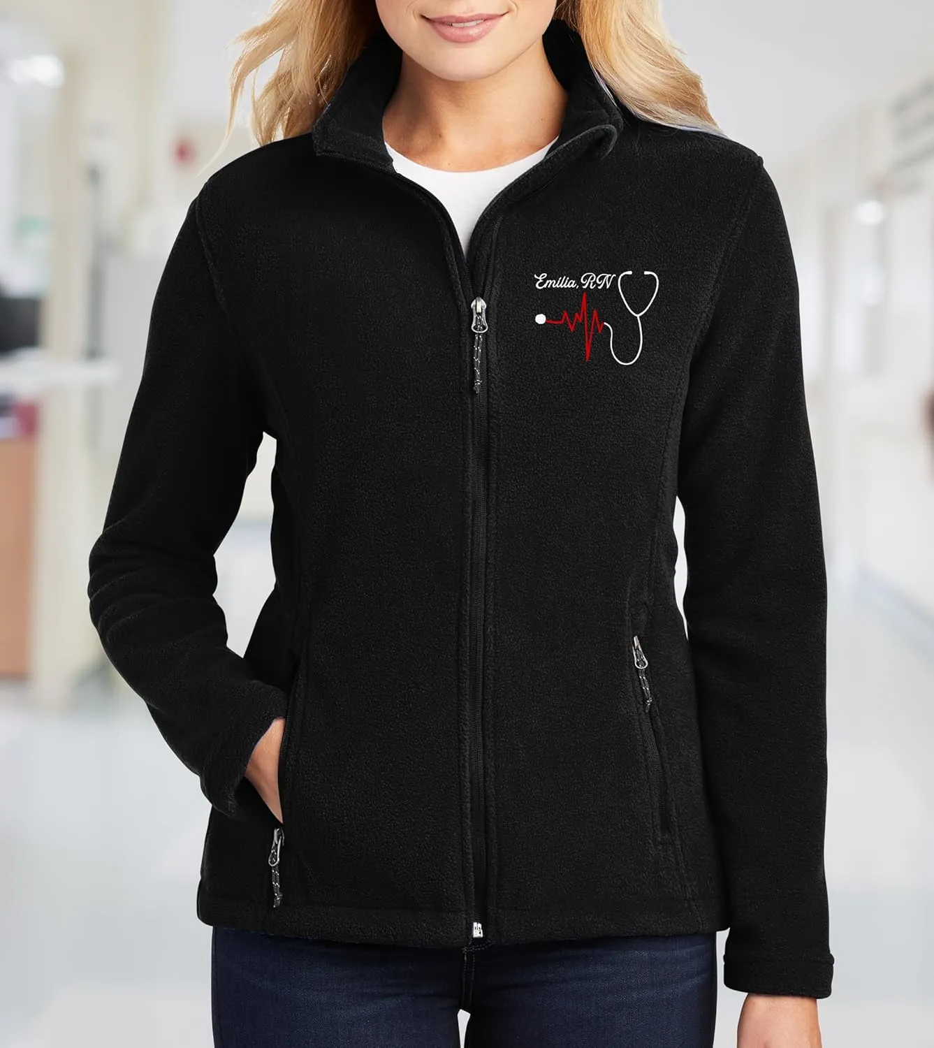 NACRE APPAREL Custom Embroidered Midweight Fleece Jacket for Men & Women Personalized Stethescope Print Jacket