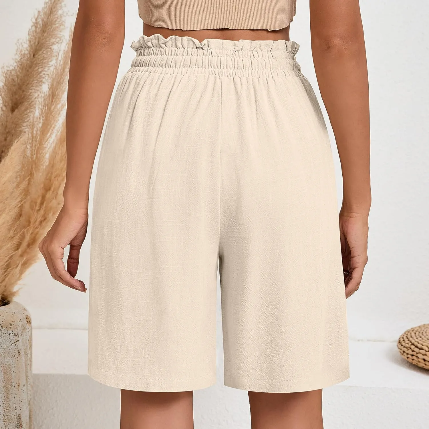 Neer 2 Pcs Women's Linen Summer Shorts Casual Bermuda Wide Leg Mid Length High Waisted Drawstring Short with Pocket