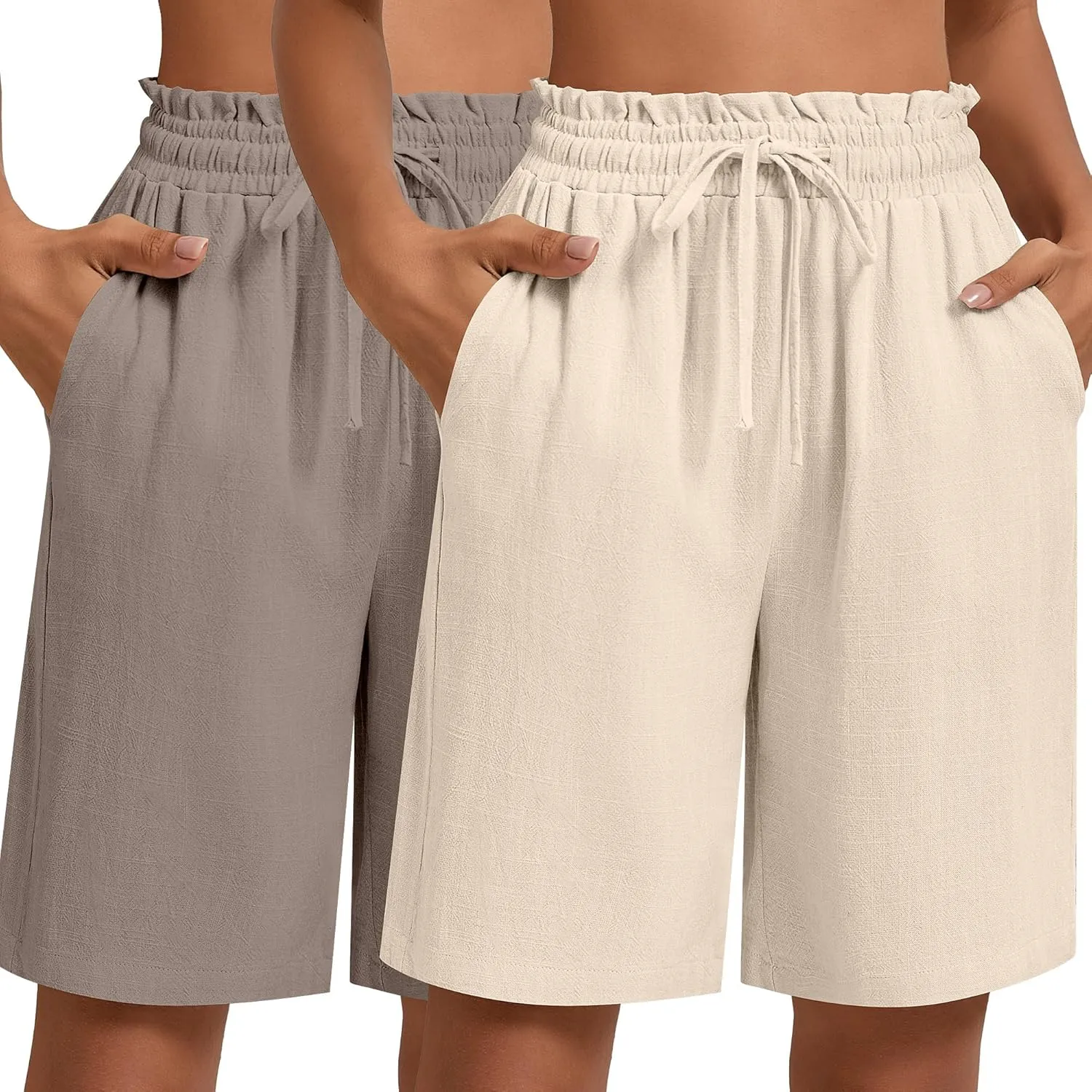 Neer 2 Pcs Women's Linen Summer Shorts Casual Bermuda Wide Leg Mid Length High Waisted Drawstring Short with Pocket